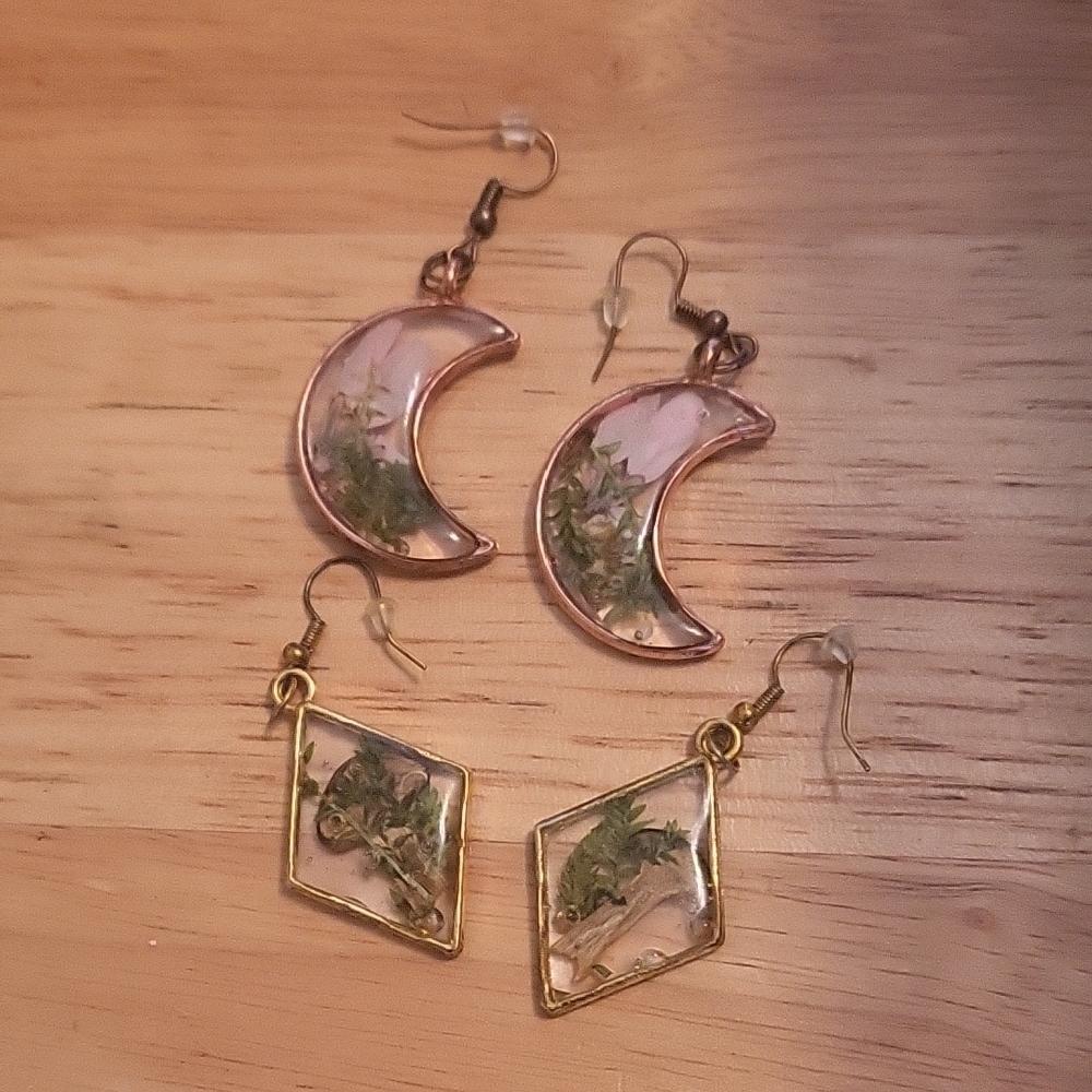 Earrings with Real Flowers and Mushrooms